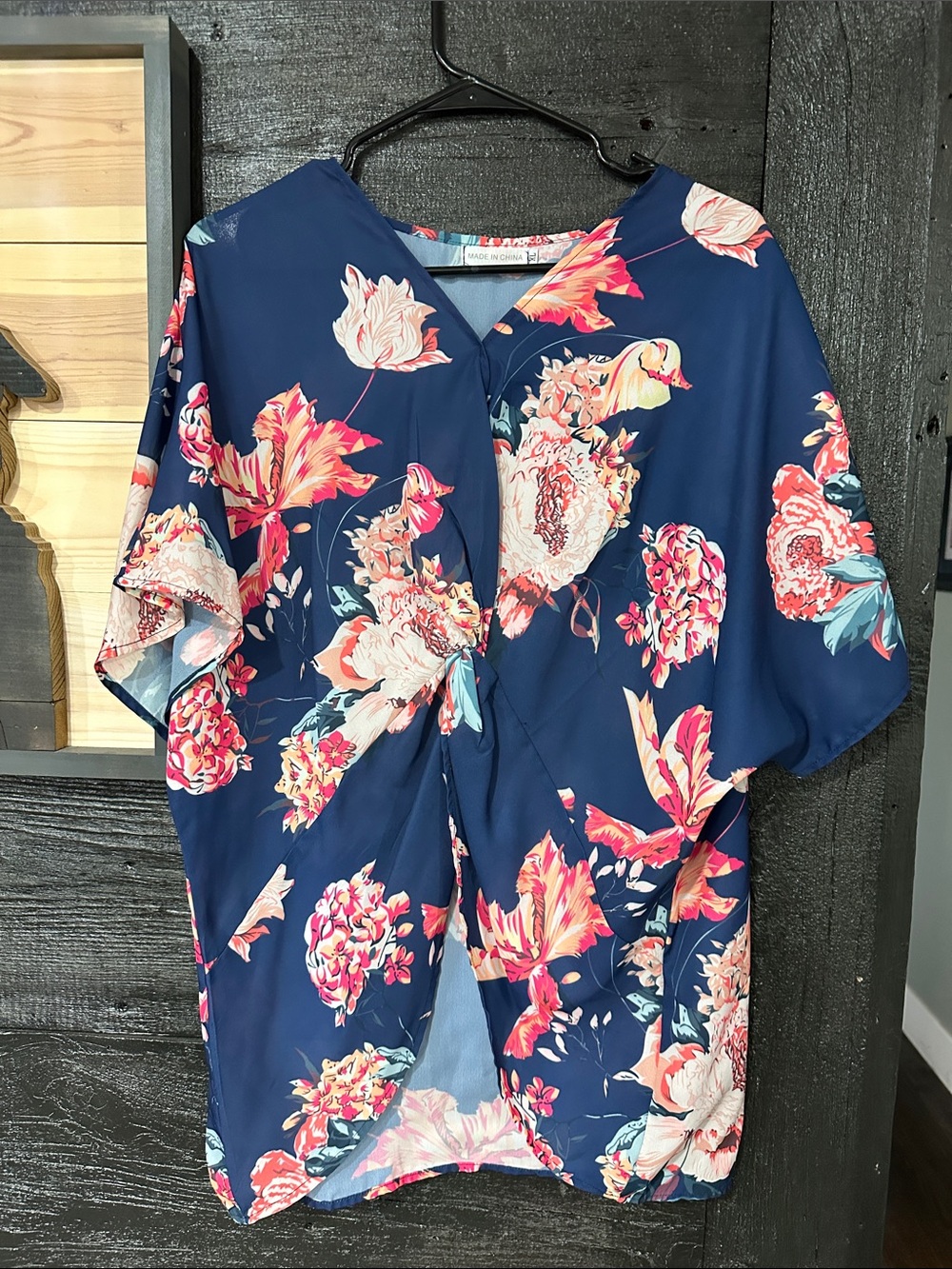 Navy Floral Twist-Front Tunic Top